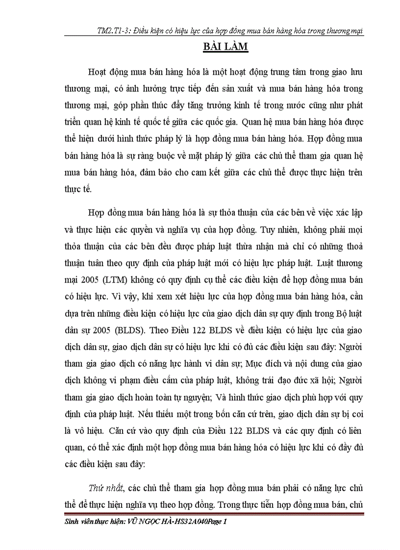 Điều kiện có hiệu lực của hợp đồng mua bán hàng hóa trong thương mại bài tậập cá nhân môn luật thương mại 2