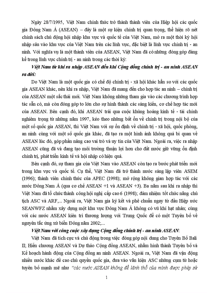 Trình bày và đánh giá thực tiễn thực hiện nghĩa vụ thành viên ASEAN của Việt Nam trong lĩnh vực chính trị an ninh