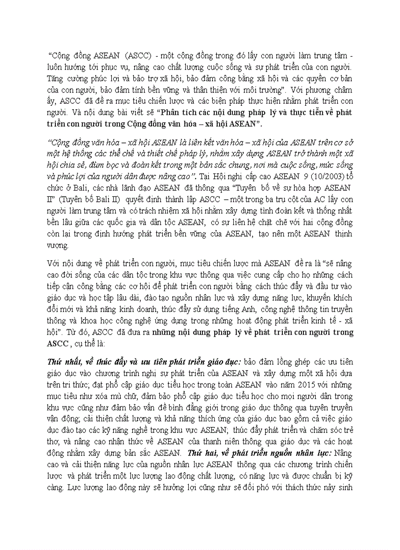 Phân tích các nội dung pháp lý và thực tiễn về phát triển con người trong Cộng đồng văn hóa xã hội ASEAN