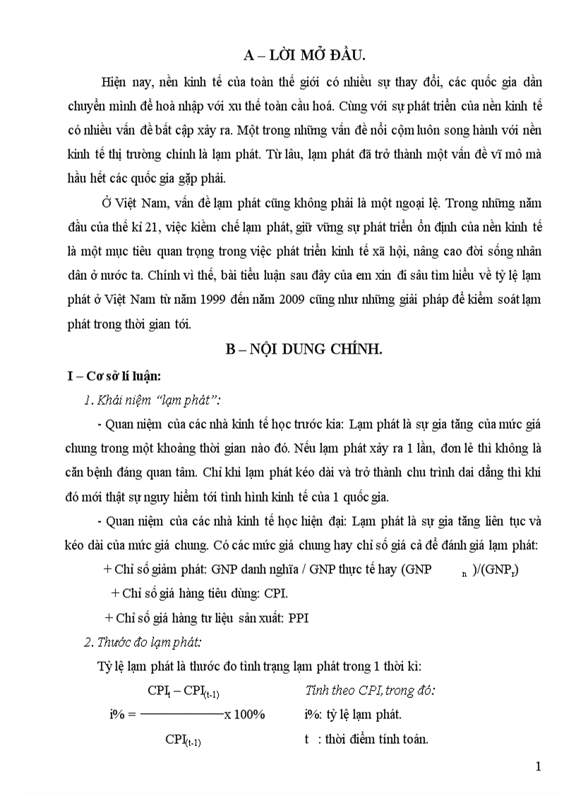 Kinh tế học tỷ lệ lạm phát ở Việt Nam từ năm 1999 đến năm 2009 kiến nghị và giải pháp