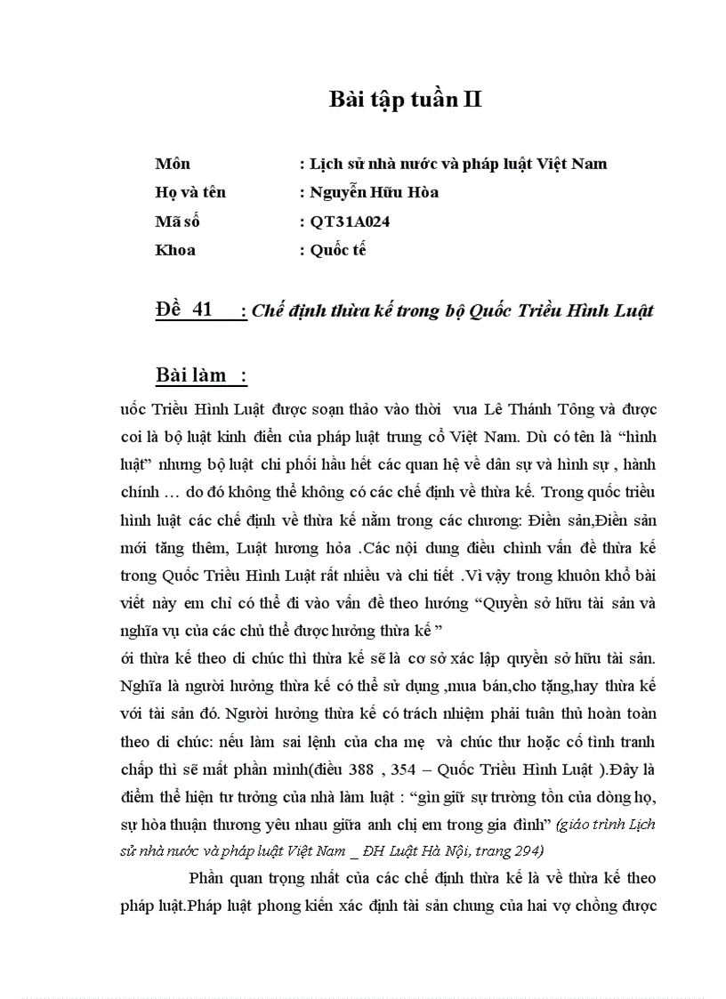 Bài tập kỳ lịch sử nhà nước và pháp luật Việt Nam Chế định thừa kế trong bộ Quốc Triều Hình Luật