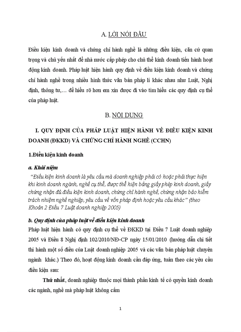 Điều kiện kinh doanh và chứng chỉ hành nghề theo quy định của pháp luật Việt Nam Phân tích trong một lĩnh vực kinh doanh cụ thể