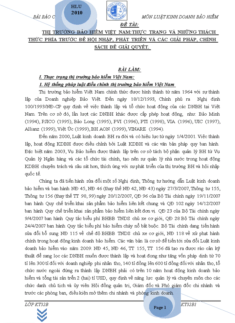 Thị trường bảo hiểm việt nam thực trang và những thách thức phía trước để hội nhập phát triển và các giải pháp chính sách để giải quyết