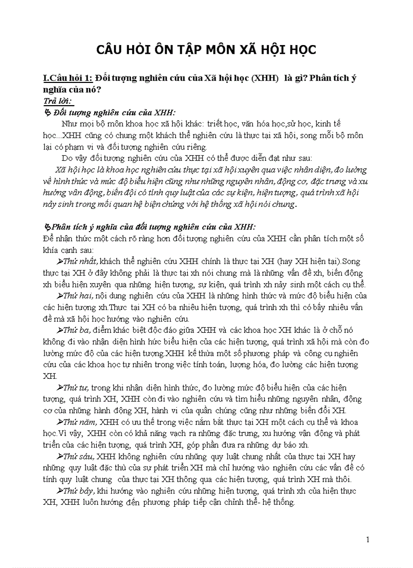 Câu hỏi ôn tập môn xã hội học