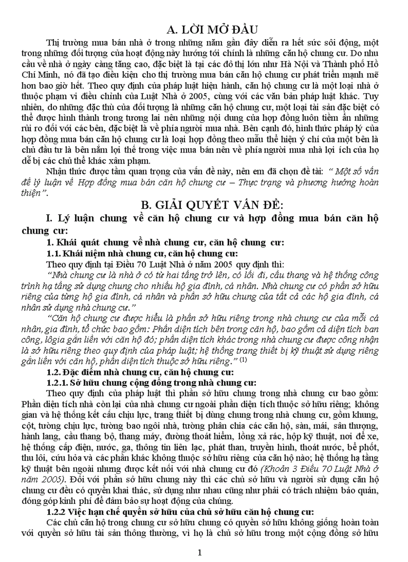 Một số vấn đề lý luận về Hợp đồng mua bán căn hộ chung cư Thực trạng và phương hướng hoàn thiện Đại học luật Hà Nội 9 điểm nhé