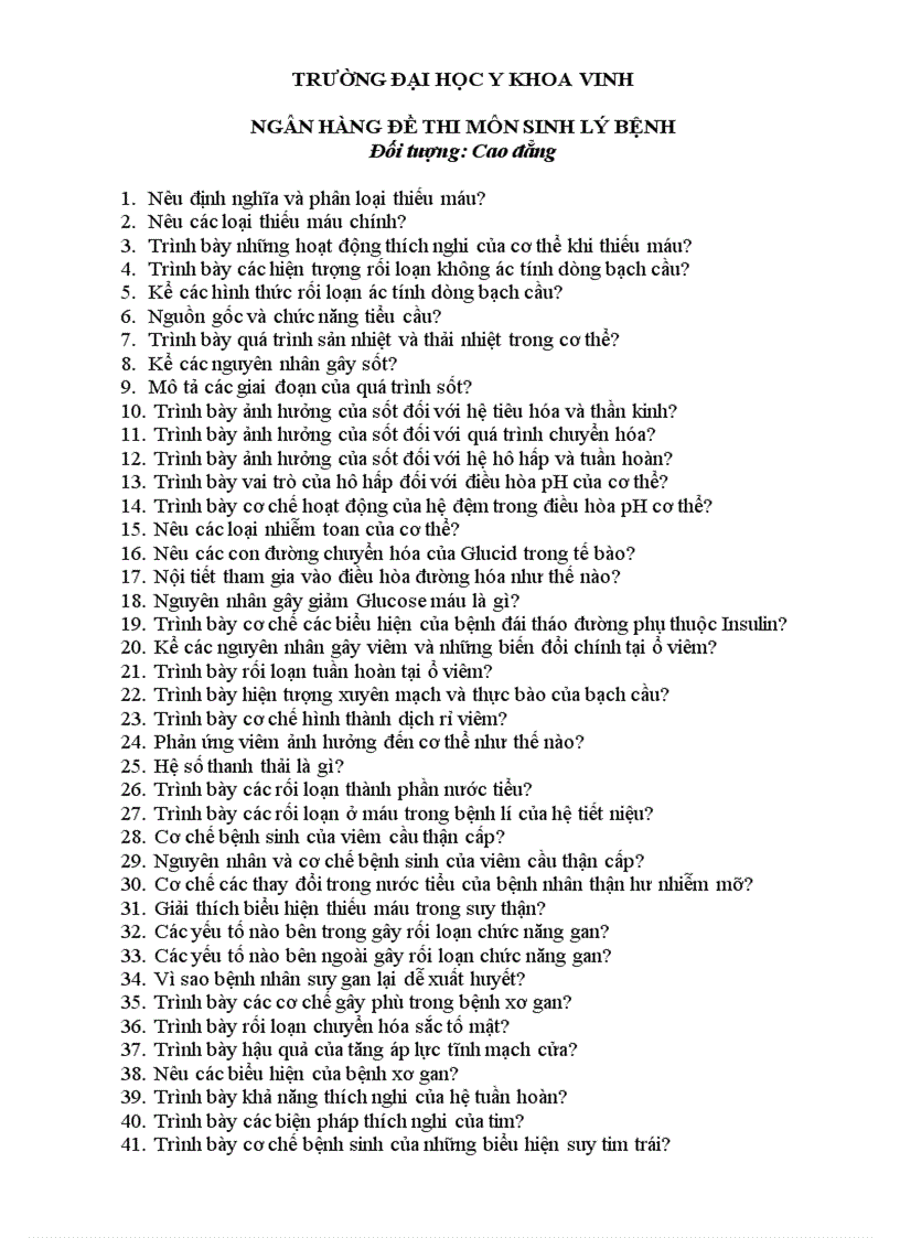 Ngân hàng đề thi môn sinh lý bệnh