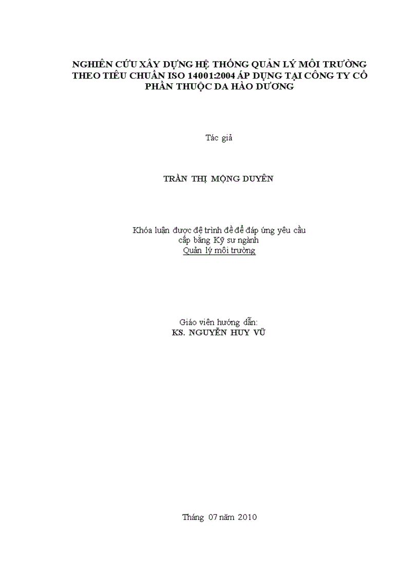 Nghiên cứu xây dựng hệ thống quản lý môi trường theo tiêu chuẩn ISO 14001 2004 áp dụng cho công ty cổ phần thuộc da Hào Dương
