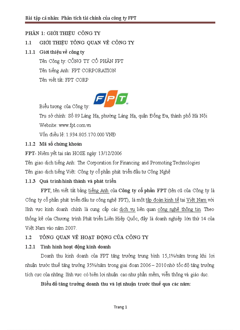 Dự án tài chính công ty cổ phần FPT phân tích và dự toán tình hình tài chính