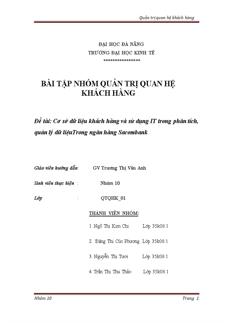 Cơ sở dữ liệu khách hàng và sử dụng IT trong phân tích quản lý dữ liệuTrong ngân hàng Sacombank