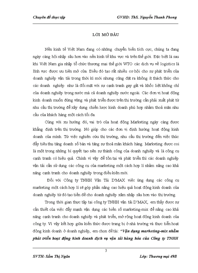 Vận dụng marketing mix nhằm phát triển hoạt động kinh doanh dịch vụ vận tải hàng hóa của Công ty TNHH vận tải D MAX