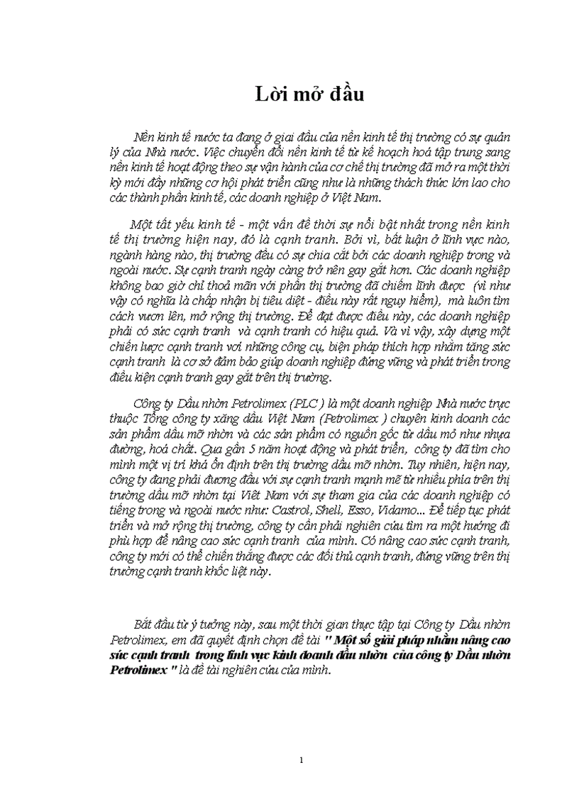 Một số Giải pháp nhằm nâng cao khả năng cạnh tranh trong lĩnh vực kinh doanh dầu nhờn của công ty Dầu nhờn Petrolimex