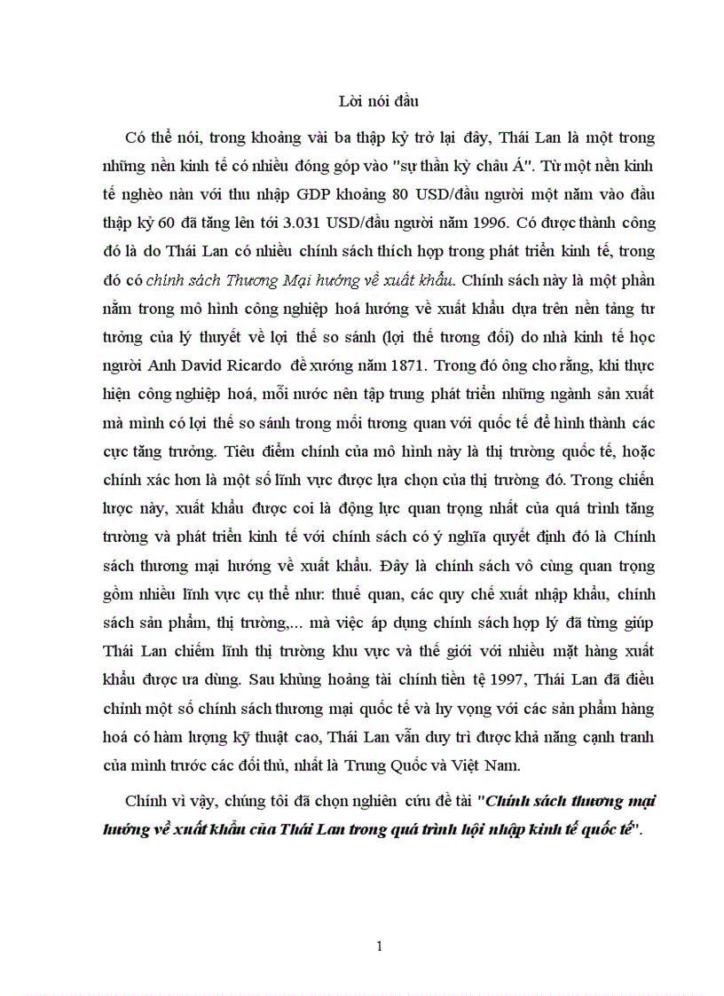 Chính sách thương mại hướng về xuất khẩu của Thái Lan trong quá trình hội nhập kinh tế quốc tế