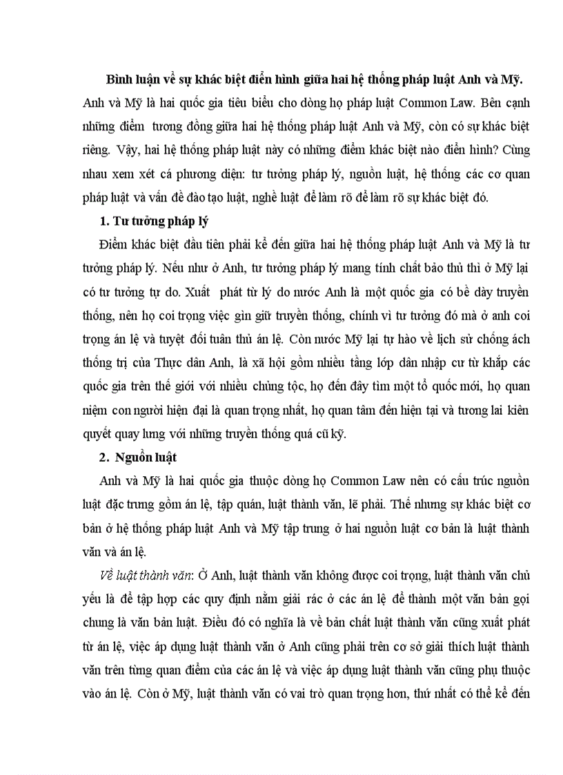 9điểm Luật so sánh Bình luận về sự khác biệt điển hình giữa hai hệ thống pháp luật Anh và Mỹ