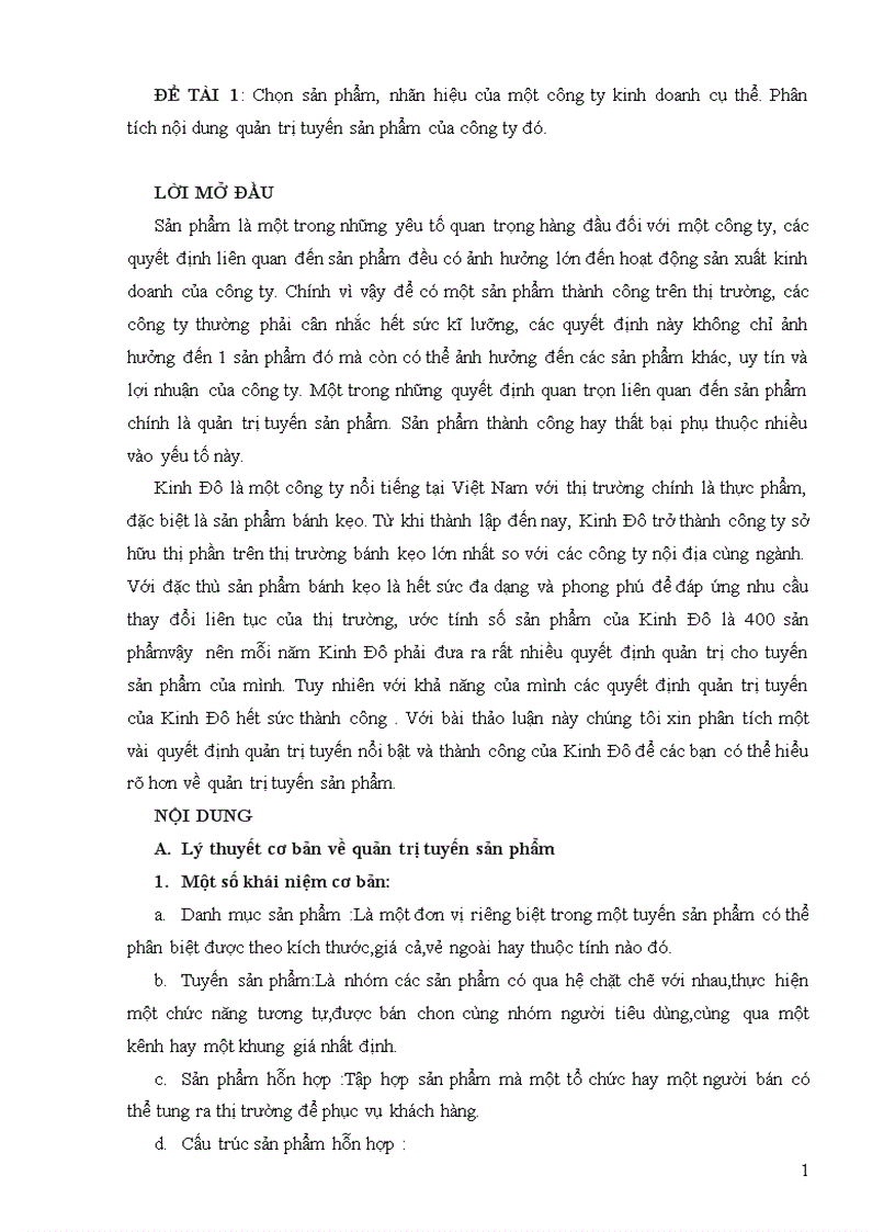 Phân tích nội dung quản trị tuyến sản phẩm của công ty Kinh Đô