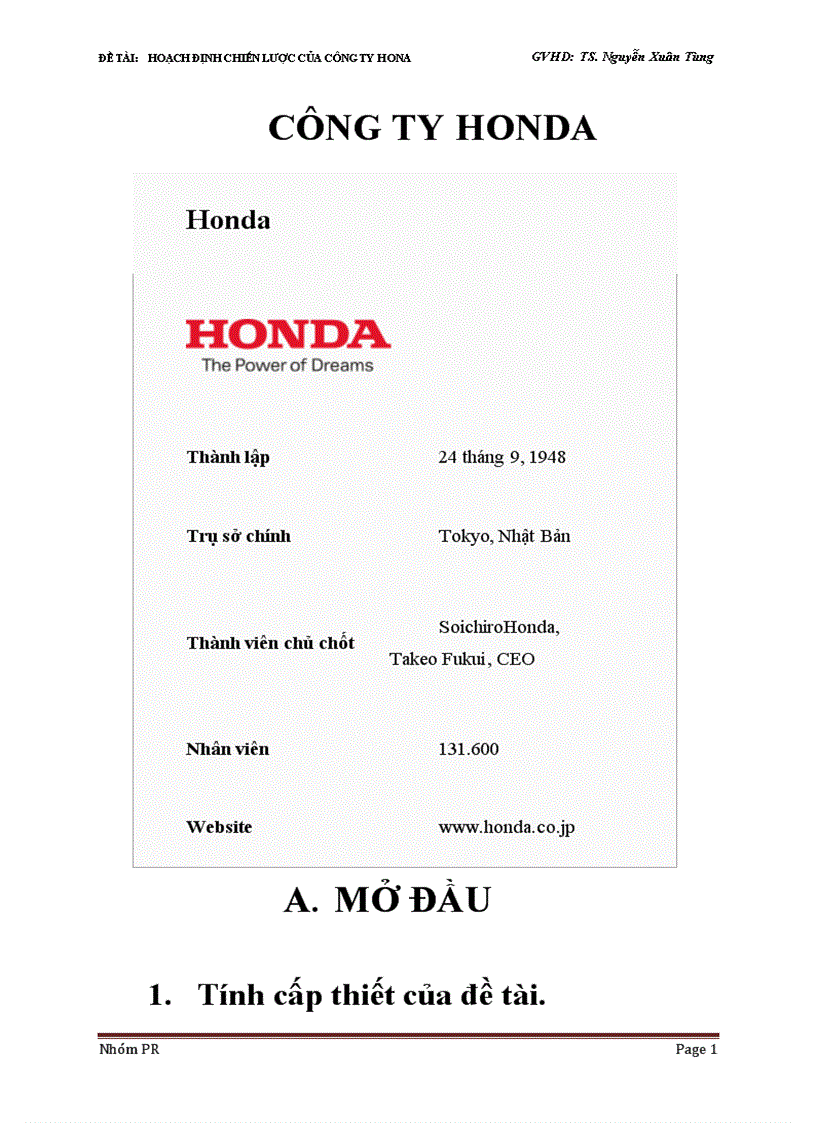 Hoạch định chiến lược của công ty honda