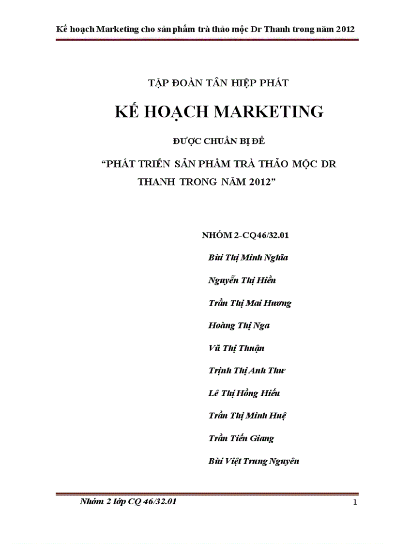 Kế hoạch Marketing để phát triển trà thảo mộc Dr Thanh trong năm 2012 Tập đoàn Tân Hiệp Phát