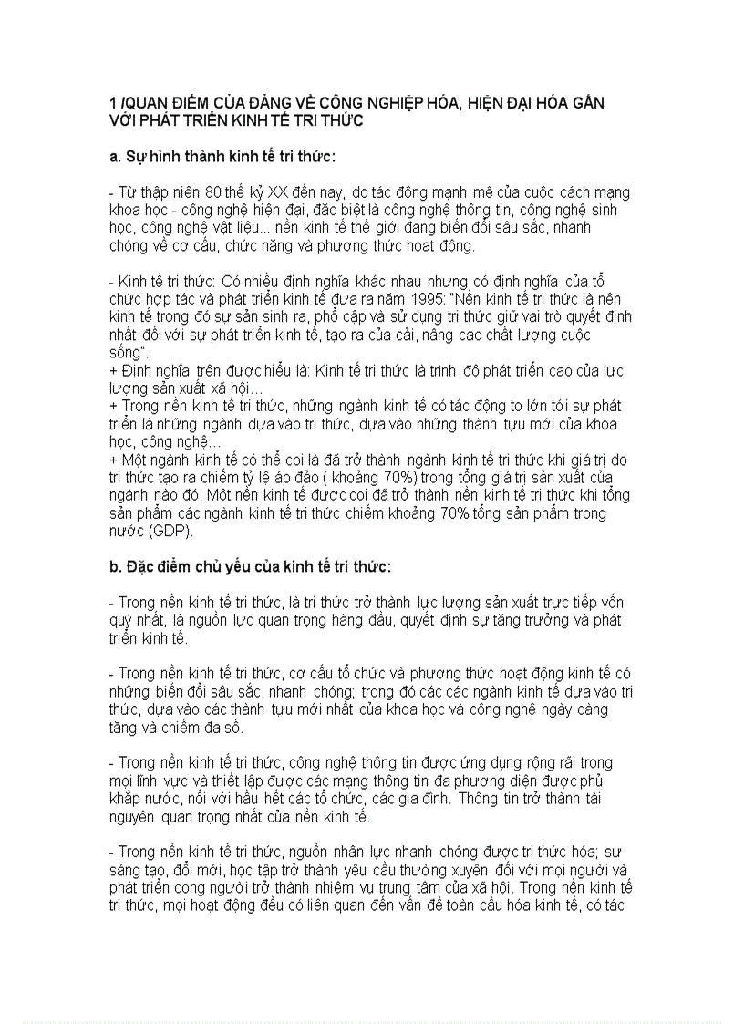 Khái niệm đặc điểm vai trò kinh tế tri thức và quan điểm của đảng về sự nghiệp công nghiệp hóa hiện đại hóa gắn liền với phát triển kinh tế tri thức và giáo dục đào tạo của việt nam