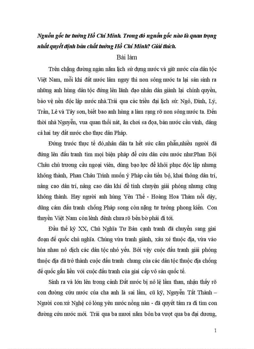 Tiểu luận Nguồn gốc tư tưởng Hồ Chí Minh Trong đó nguồn gốc nào là quan trọng nhất quyết định bản chất tưởng Hồ Chí Minh Giải thích