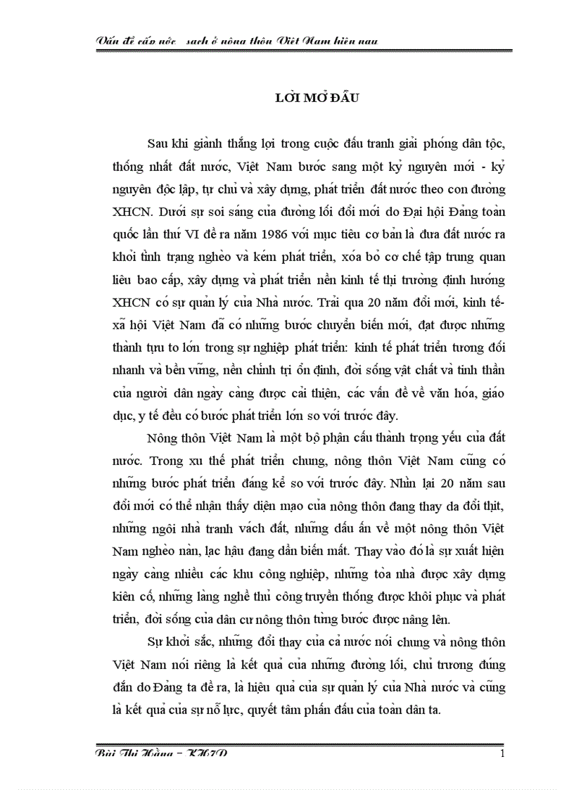 Khóa luận HVHC Vấn đề cấp nước sạch ở nông thôn Việt Nam hiện nay