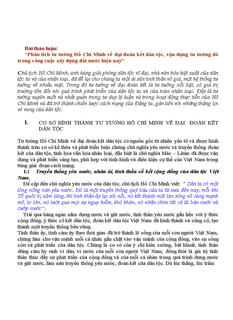Phân tích tư tưởng Hồ Chí Minh về đại đoàn kết dân tộc vận dụng tư tưởng đó trong công cuộc xây dựng đất nước hiện nay