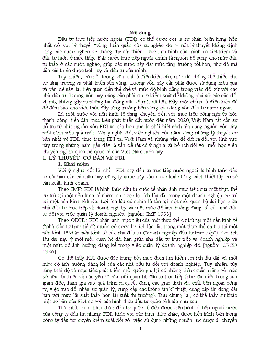 Tiểu luận cao học Đầu tư trực tiếp nước ngoài tại Việt Nam FDI trong thập niên đầu thế kỷ 21 những vấn đề đặt ra và giải pháp