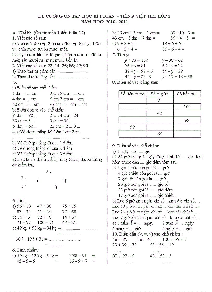 Đề ôn tập học kì 1 lớp 2