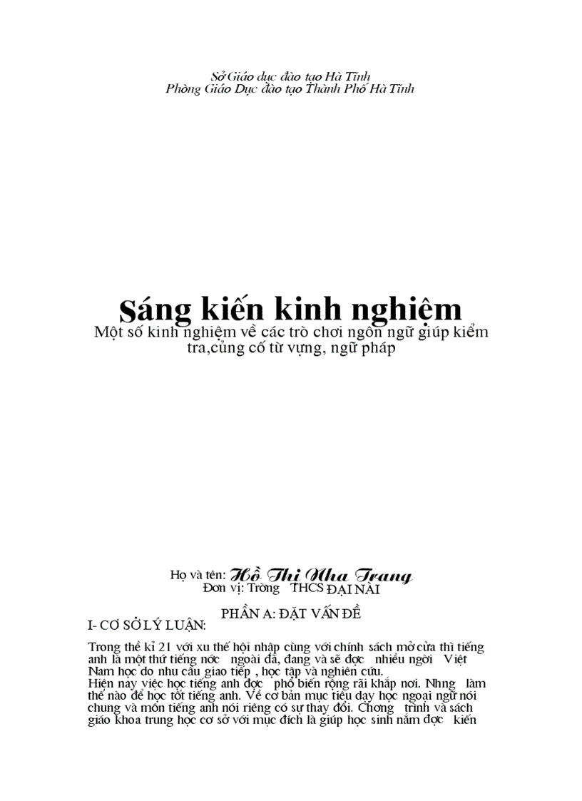 Một số kinh nghiệm về các trò chơi ngôn ngữ giúp kiểm tra củng cố từ vựng ngữ pháp