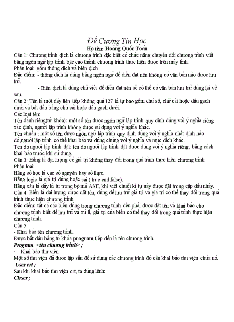 Đề cương ôn tập Tin học cho học sinh lớp 11 học kì