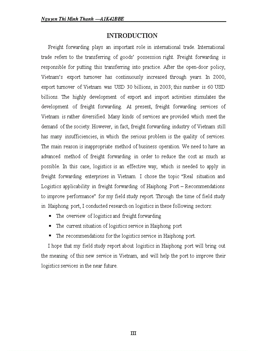 Real situation and Logistics applicability in freight forwarding of Haiphong Port Recommendations to improve performance