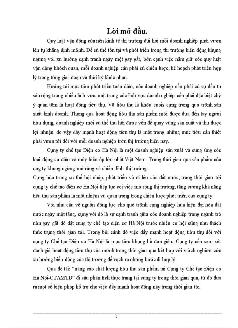 Nâng cao chất lượng tiờu thụ sản phẩm tại Cụng ty Chế tạo Điện cơ Hà Nội CTAMTD