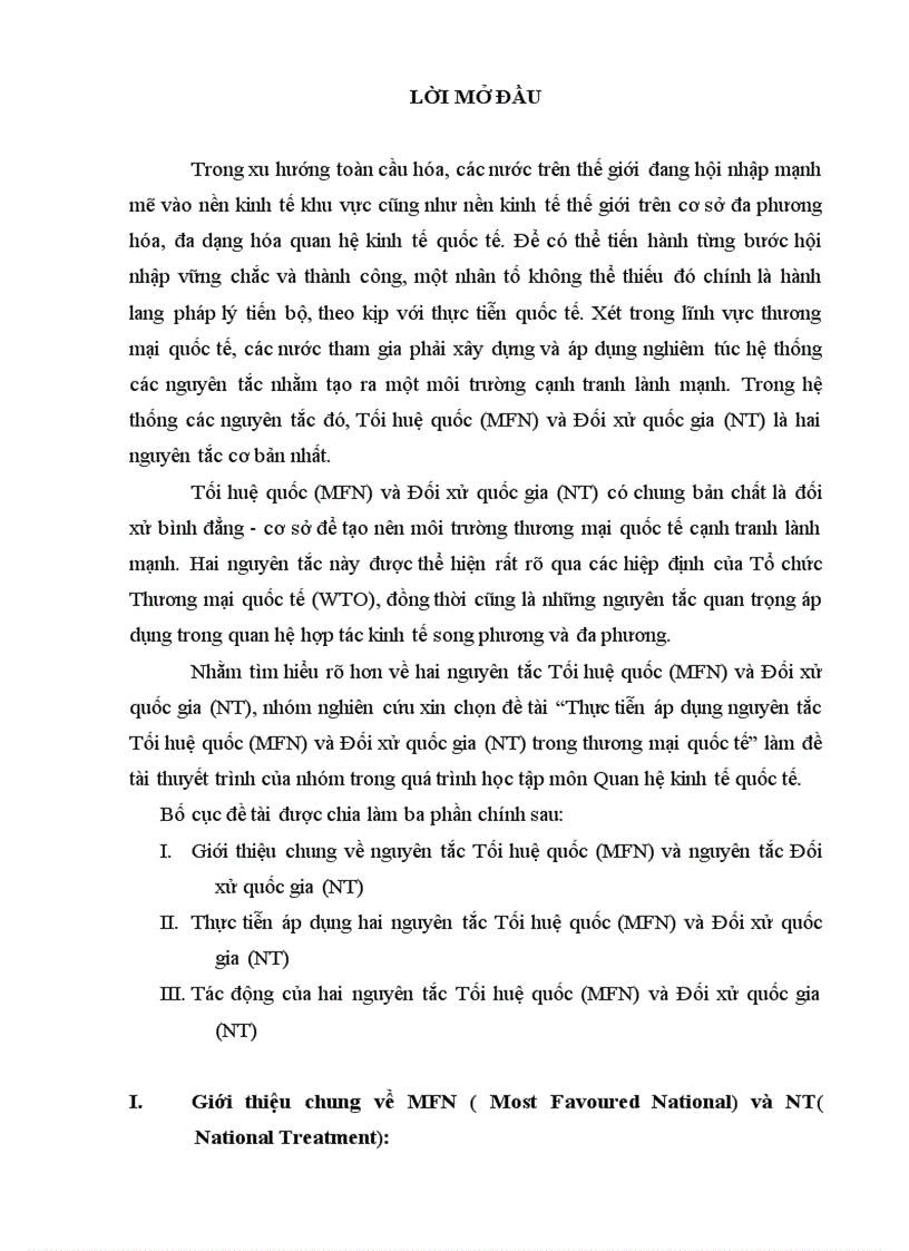 Thực tiễn áp dụng nguyên tắc Tối huệ quốc MFN và Đối xử quốc gia NT trong thương mại quốc tế