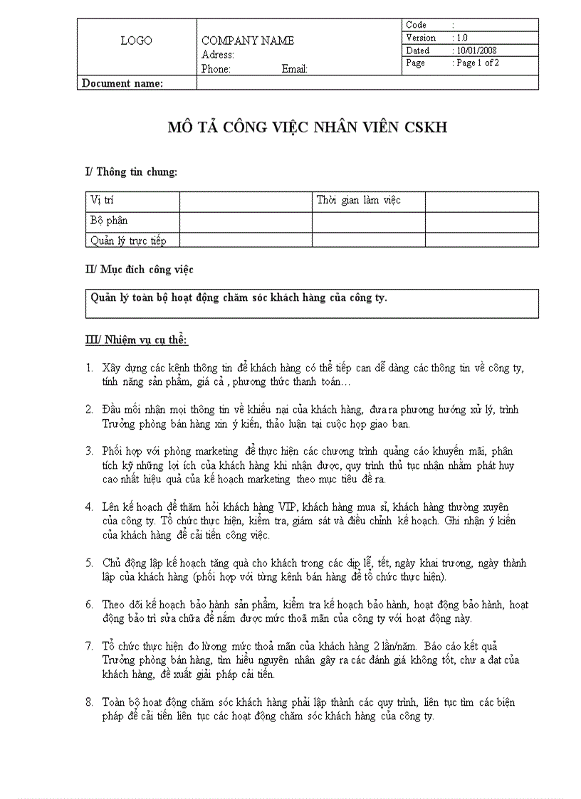 Mô tả công việc nhân viên cskh