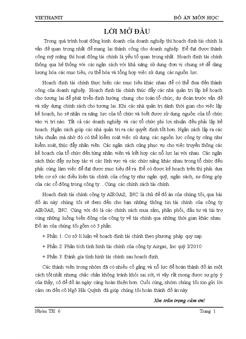 Phân tích tình hình tài chính của công ty Airgas Inc quý I 2010