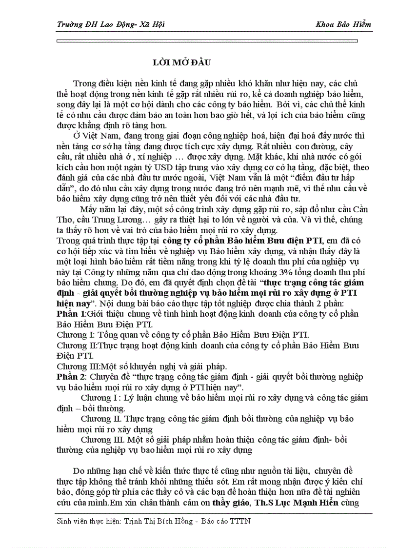 Thực trạng công tác giám định giải quyết bồi thường nghiệp vụ bảo hiểm mọi rủi ro xây dựng ở PTI hiện nay