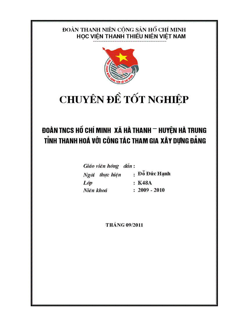 Đoàn thanh niên Cộng sản Hồ Chí Minh xã Hà Thanh huyện Hà Trung tỉnh Thanh Hoá với công tác tham gia xây dựng Đảng