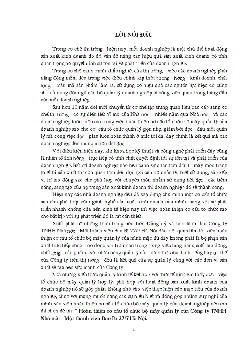 Hoàn thiện cơ cấu tổ chức bộ máy quản lý của Công ty TNHH Nhà nước Một thành viên Bao Bì 27 7 Hà Nội
