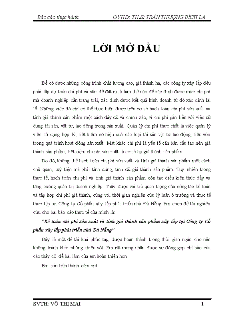 Kế toán chi phí sản xuất và tính giá thành sản phẩm xây lắp tại Công ty Cổ phần xây lắp phát triển nhà Đà Nẵng
