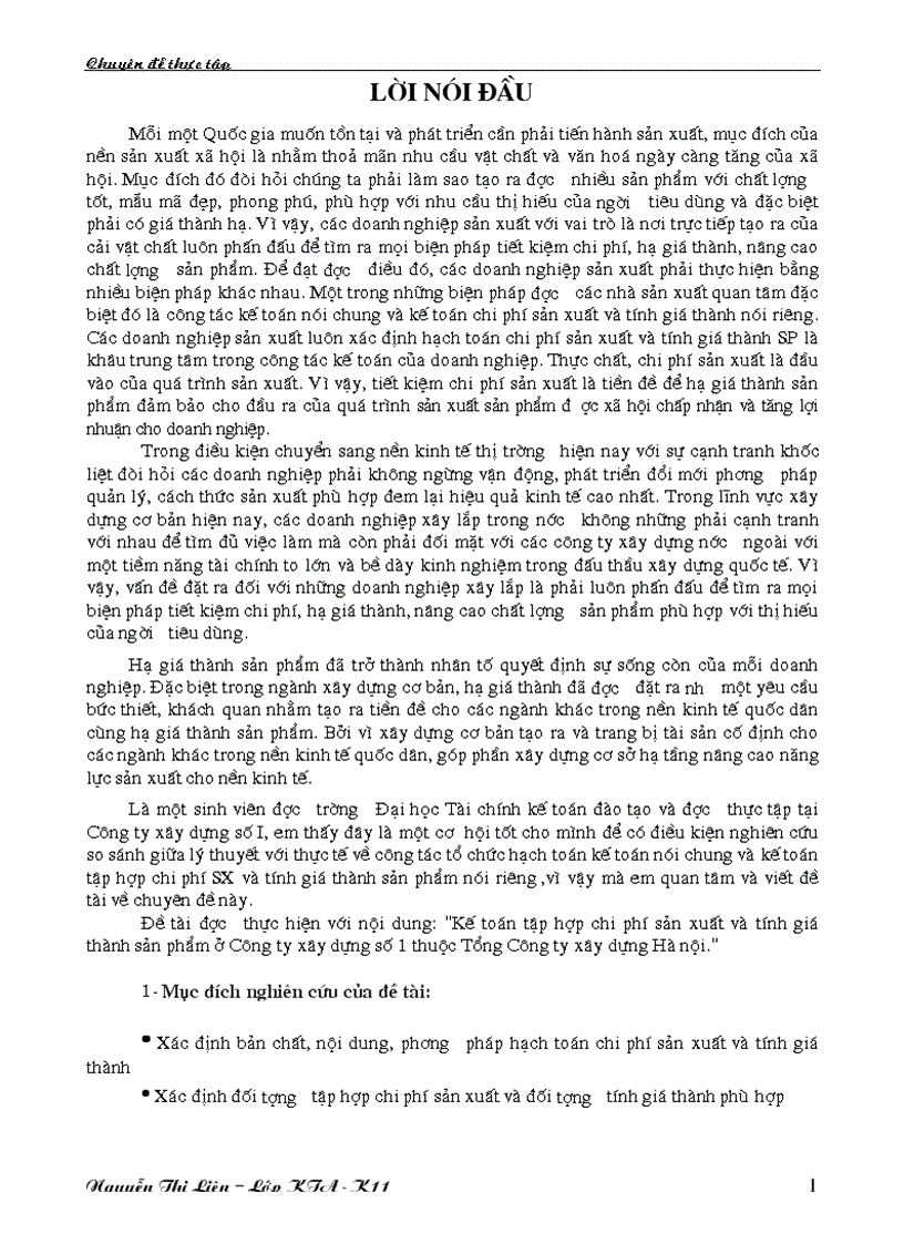 Kế toán tập hợp chi phí sản xuất và tính giá thành sản phẩm ở Công ty xây dựng số 1 thuộc Tổng Công ty xây dựng Hà nội