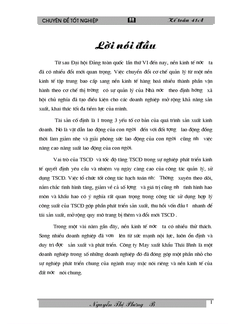 Hoàn thiện kế toán TSCĐ với việc nâng cao hiệu quả sử dụng TSCĐ tại Công ty May xuất khẩu Thái Bình