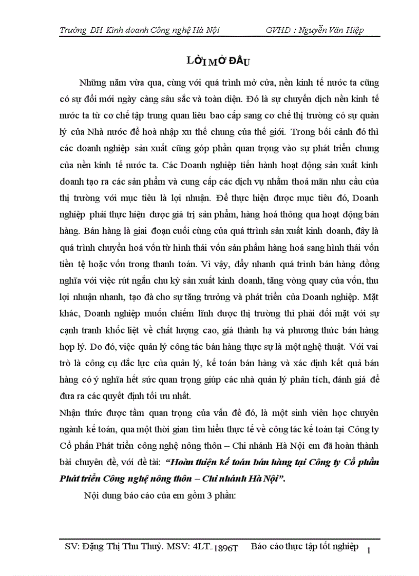 Hoàn thiện kế toán bán hàng tại Công ty Cổ phần Phát triển Công nghệ nông thôn Chi nhánh Hà Nội