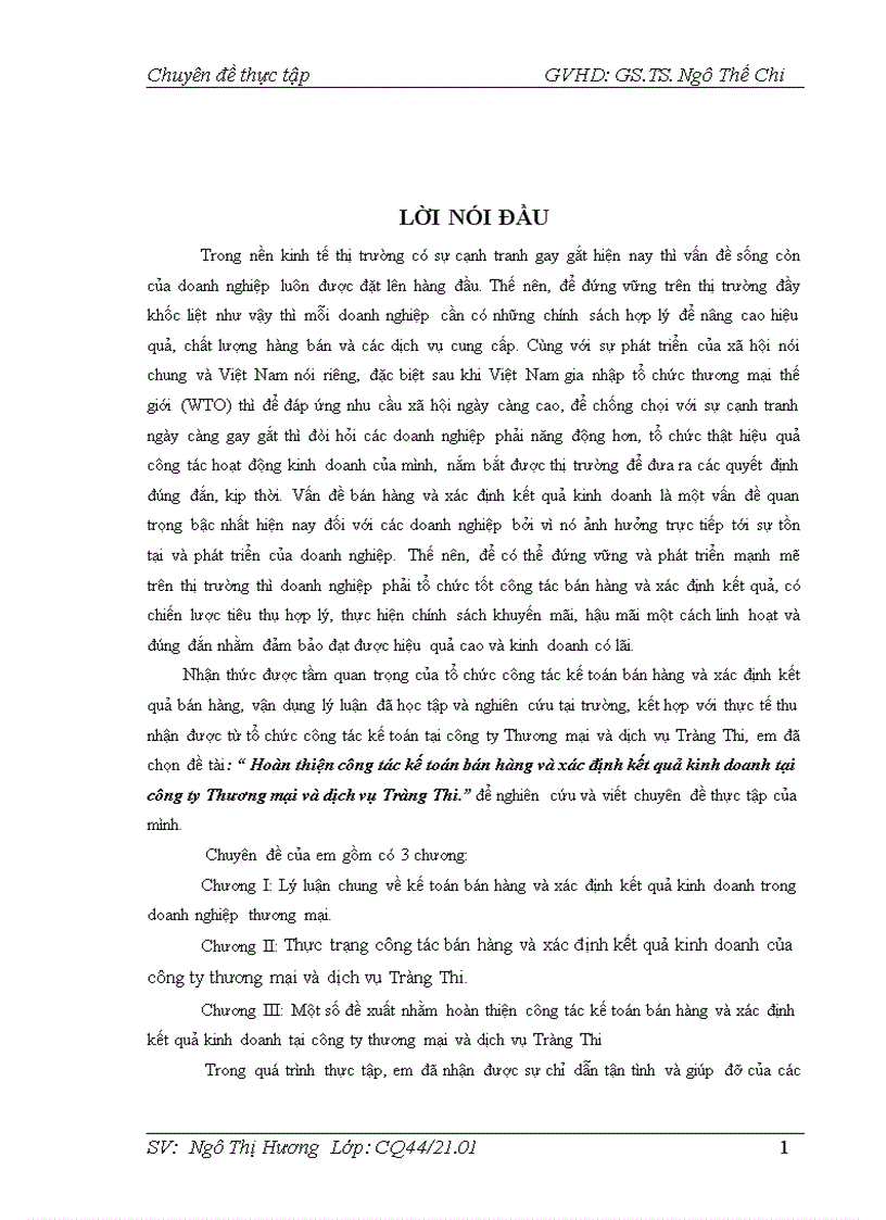 Hoàn thiện công tác kế toán bán hàng và xác định kết quả kinh doanh tại công ty Thương mại và dịch vụ Tràng Thi