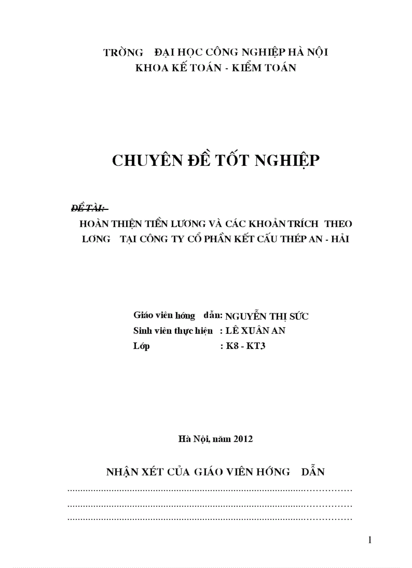 Hoàn thiện kế toán tiền lương và các khoản trích theo lương tại Công Ty Cổ Phần Kết Cấu Thép An Hải