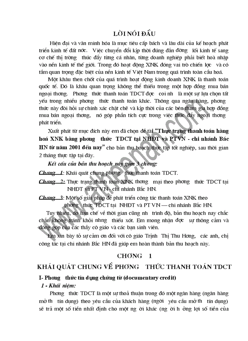 Thực trạng thanh toán Hàng hóa xuất nhập khẩu bằng phương thức TDCT tại NHĐT và PTVN chi nhánh Bắc HN từ năm 2001 đến nay