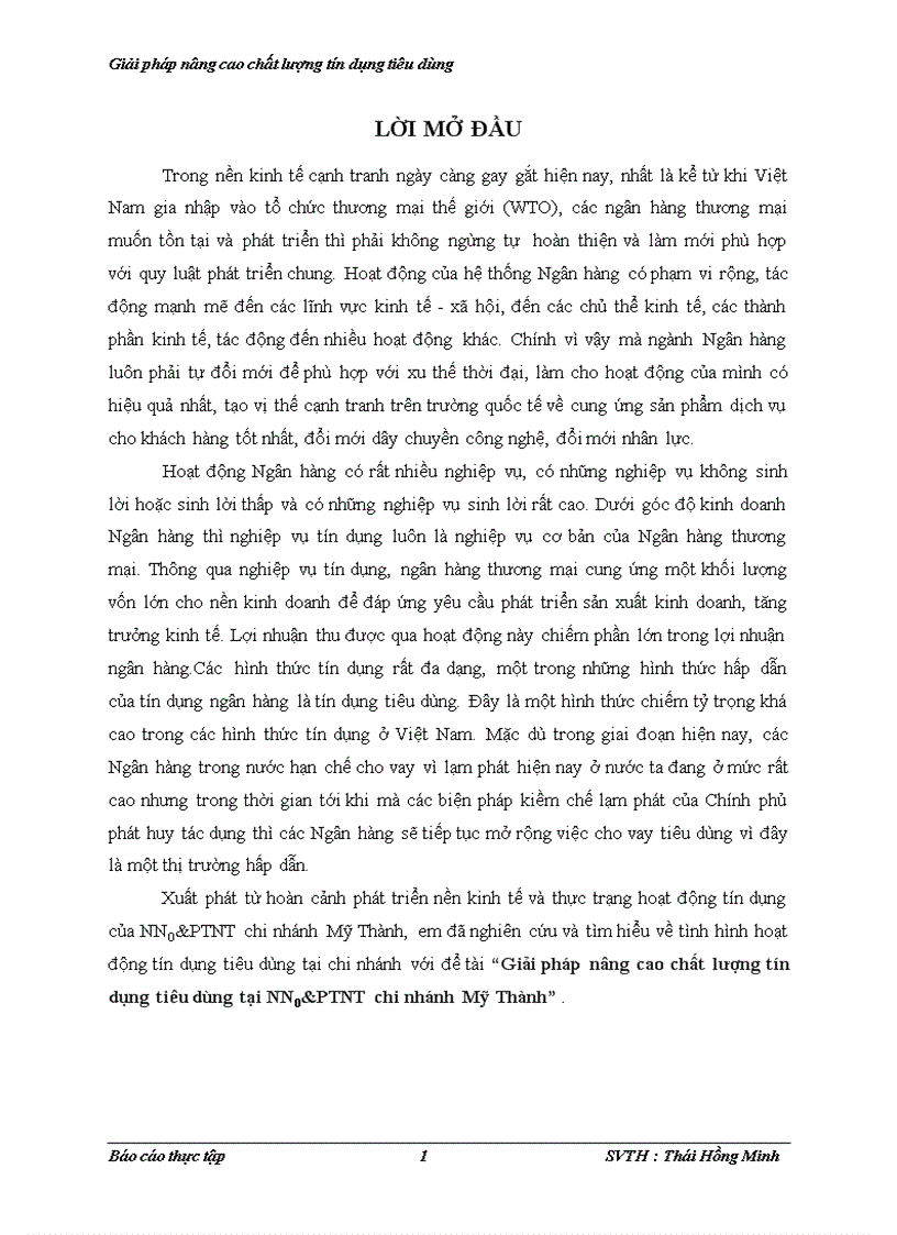 Giải pháp nâng cao chất lượng tín dụng tiêu dùng tại NN0 PTNT chi nhánh Mỹ Thành