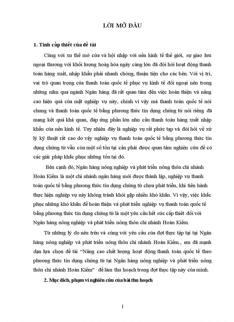 Nâng cao chất lượng hoạt động thanh toán quốc tế theo phương thức tín dụng chứng từ tại Ngân hàng nông nghiệp và phát triển nông thôn chi nhánh Hoàn Kiếm