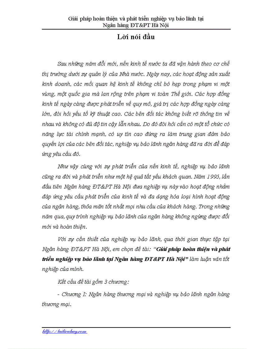 Hoàn thiện và phát triển nghiệp vụ bảo lãnh tại Ngân hàng ĐT PT Hà Nội