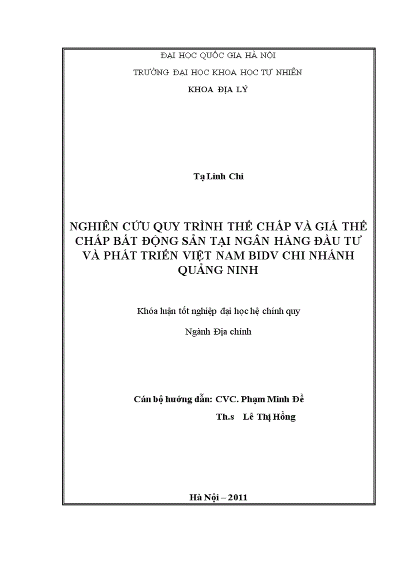 Nghiên cứu quy trình thế chấp và giá thế chấp Bất động sản tại Ngân hàng Đầu Tư và Phát Triển Việt Nam BIDV chi nhánh Quảng Ninh