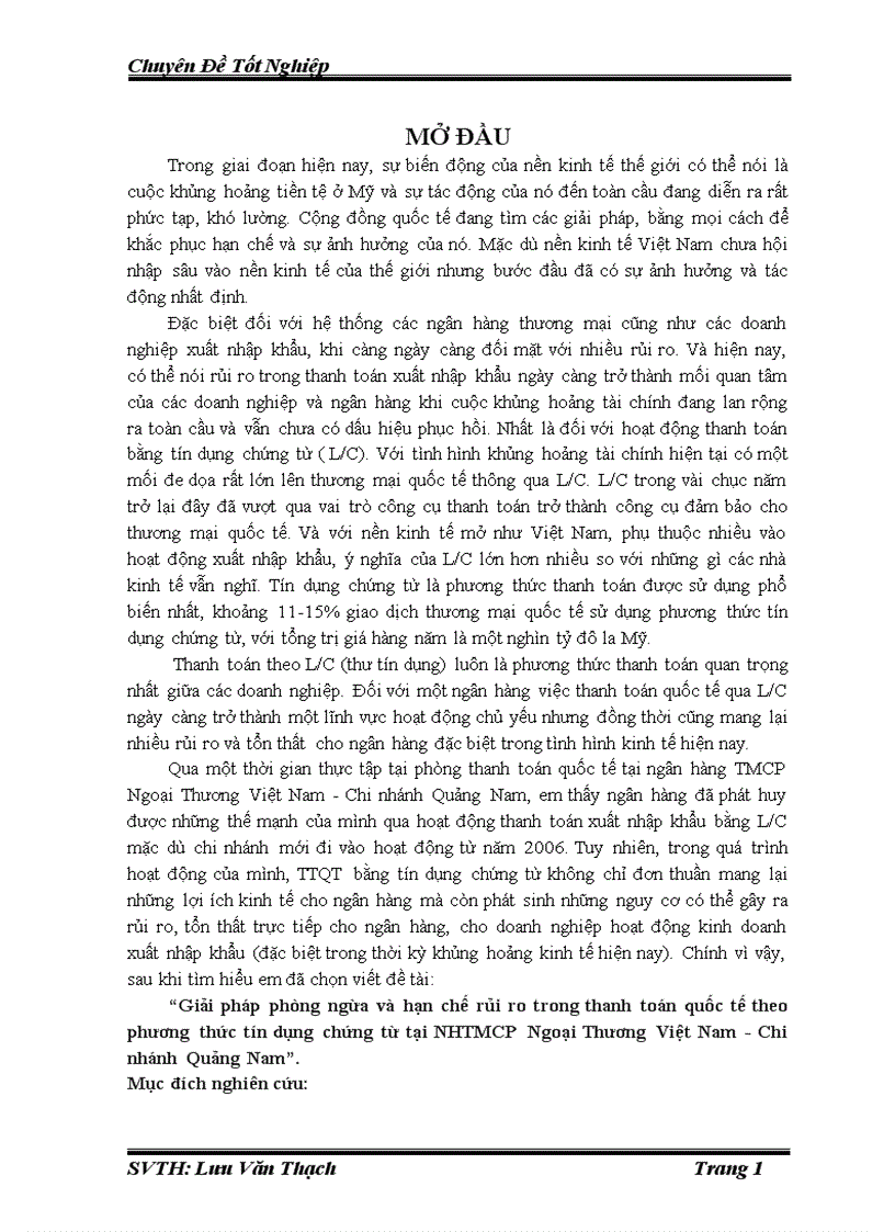 Giải pháp phòng ngừa và hạn chế rủi ro trong thanh toán quốc tế theo phương thức tín dụng chứng từ tại ngân hàng thương mại cổ phần Ngoại Thương Việt Nam Chi nhánh Quảng Nam