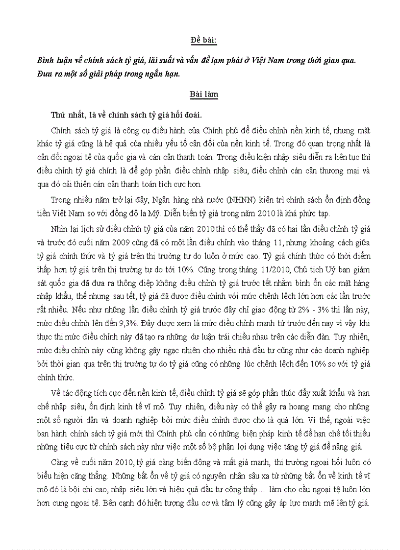 Bình luận chính sách tỷ giá lãi suất và lạm phát Việt Nam năm 2011 Đưa ra giải pháp ngắn hạn 2012