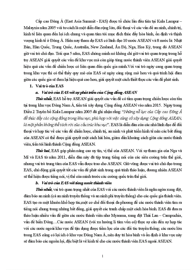 Phân tích triển vọng và vai trò của Cấp cao Đông Á EAS đối với sự phát triển của Cộng đồng ASEAN và đối với các nước thành viên EAS